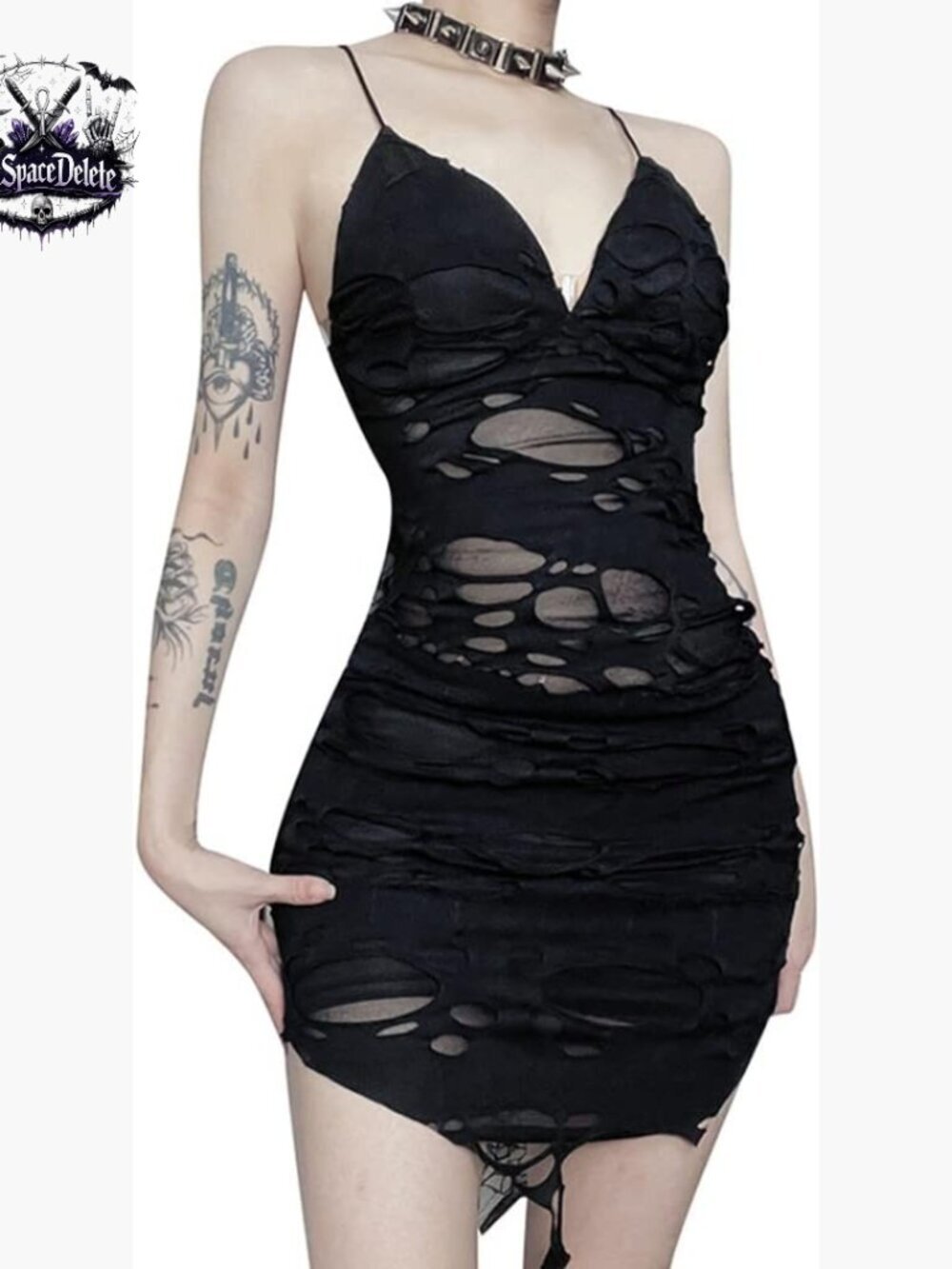 Black Bodycon Mini Dress with V-Neck Backless Distressed Mesh Details